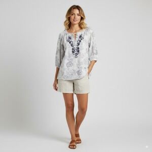 Open End Hamburg Linen Boho Peasant Blouse XXL White Black Floral Paisley Linen